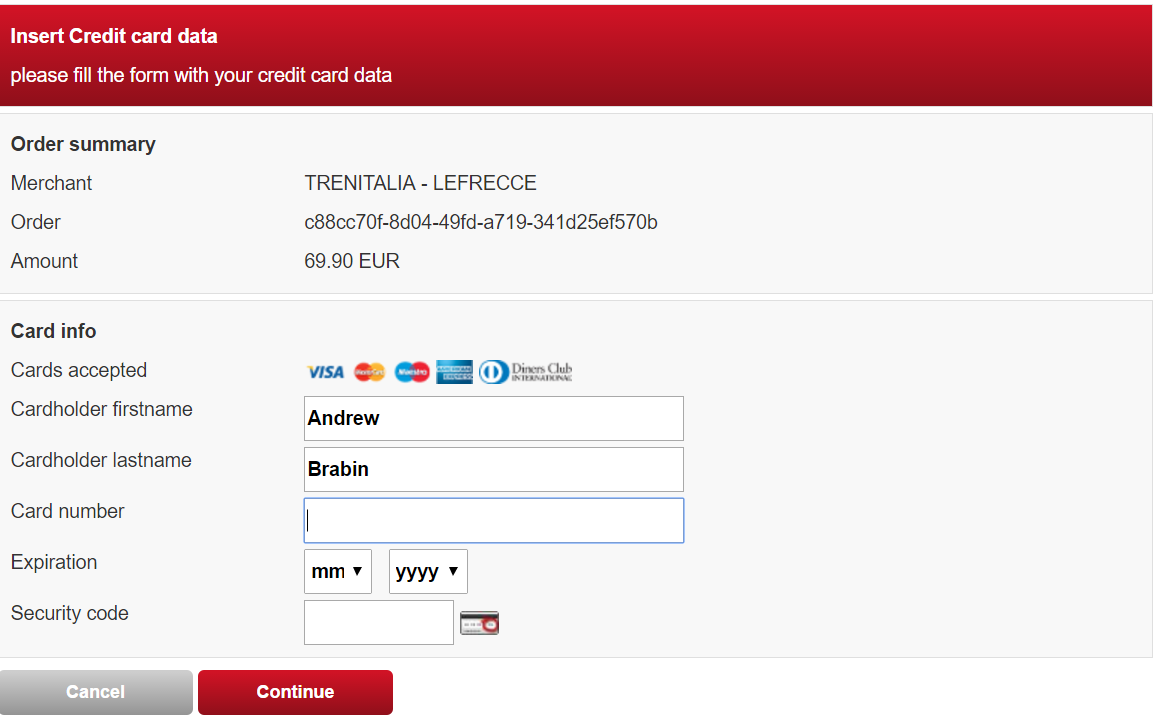 TrenItalia Payment Page