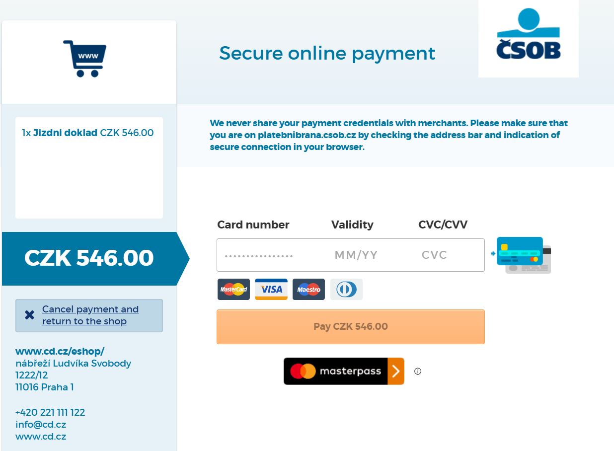Czech Railways Payment Page